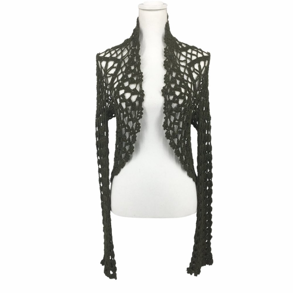 Green Crochet Long Bell Sleeve Open Front Shrug